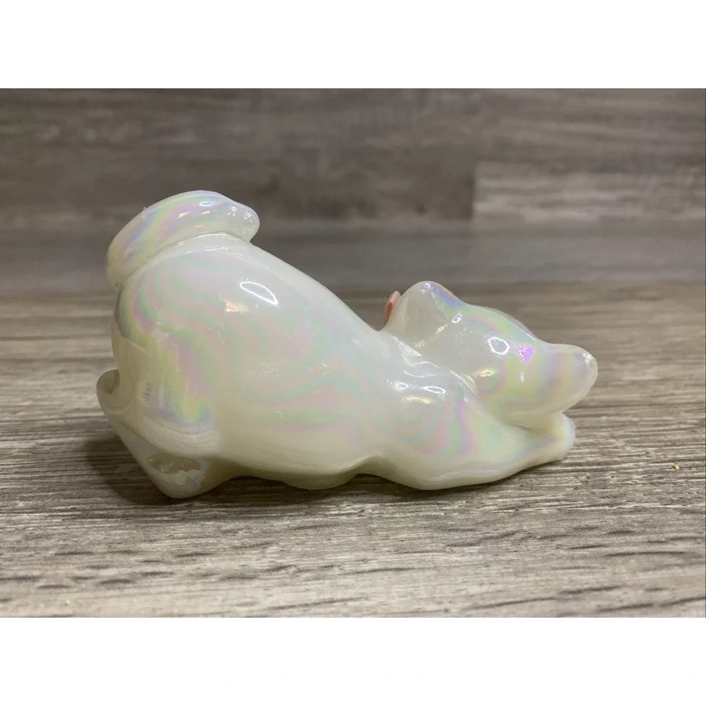 Fenton Pearly Sentiment Iridescent Crouching Kitty Cat Figurine with Flower Bow